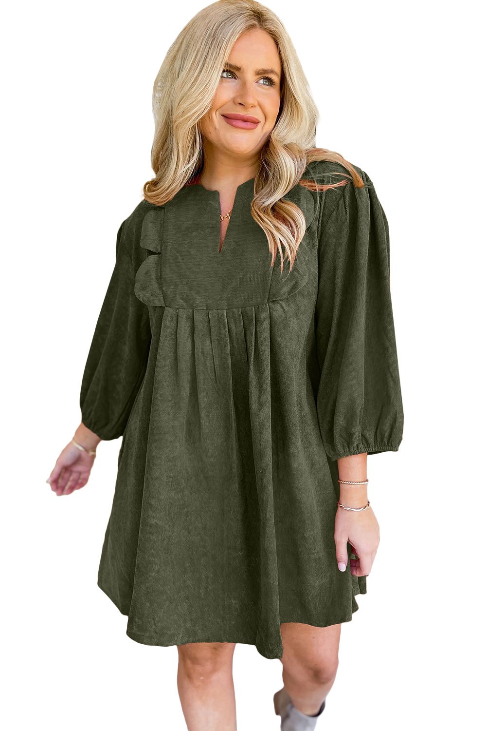 Moss Green Split Neck Scallop Detail Pleated Corduroy Mini Dress - MAD RUFFI