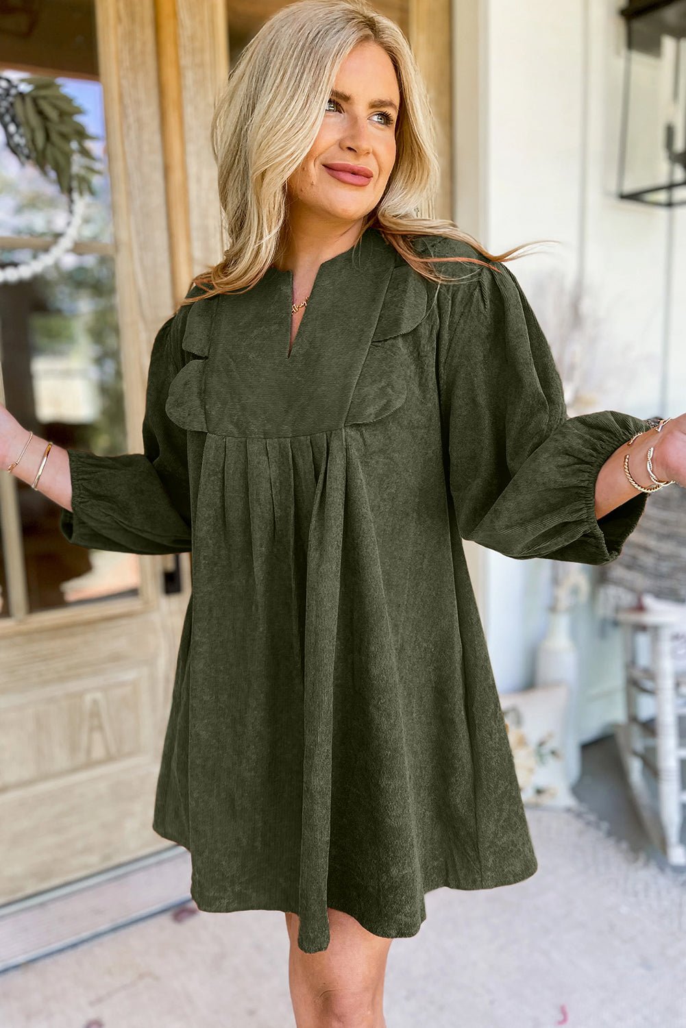Moss Green Split Neck Scallop Detail Pleated Corduroy Mini Dress - MAD RUFFI Moss Green Split Neck Scallop Detail Pleated Corduroy Mini Dress - MAD RUFFI