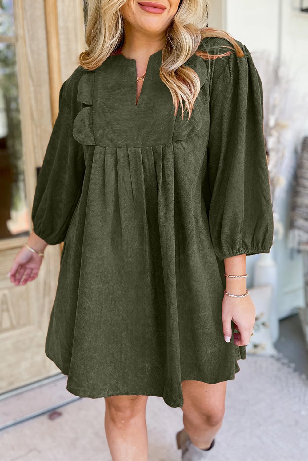 Moss Green Split Neck Scallop Detail Pleated Corduroy Mini Dress - MAD RUFFI