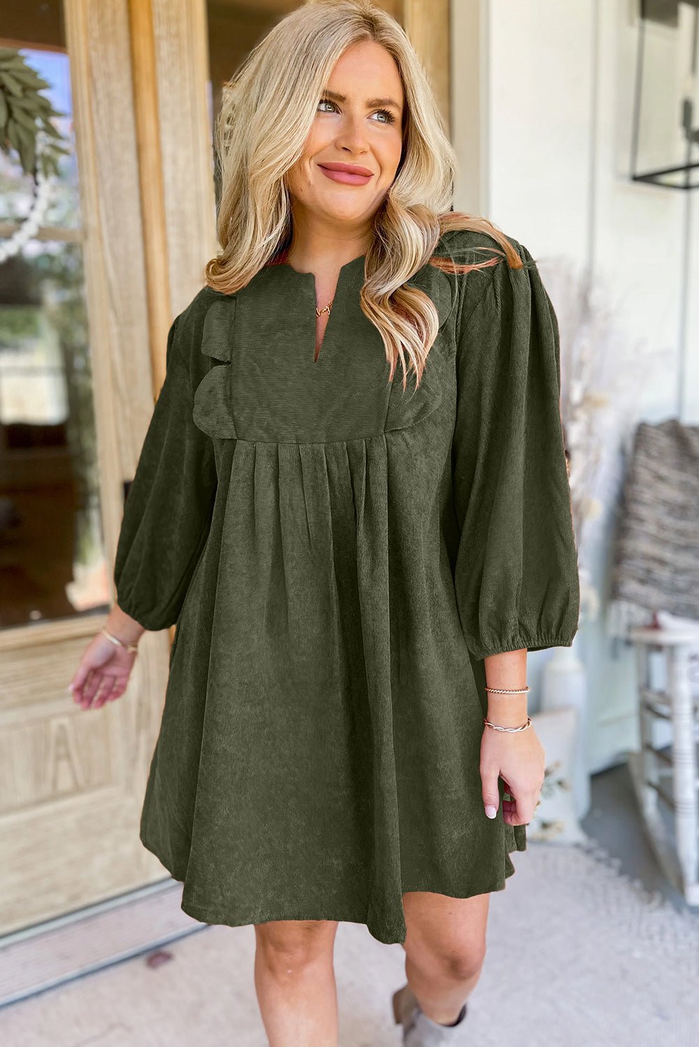 Moss Green Split Neck Scallop Detail Pleated Corduroy Mini Dress - MAD RUFFI