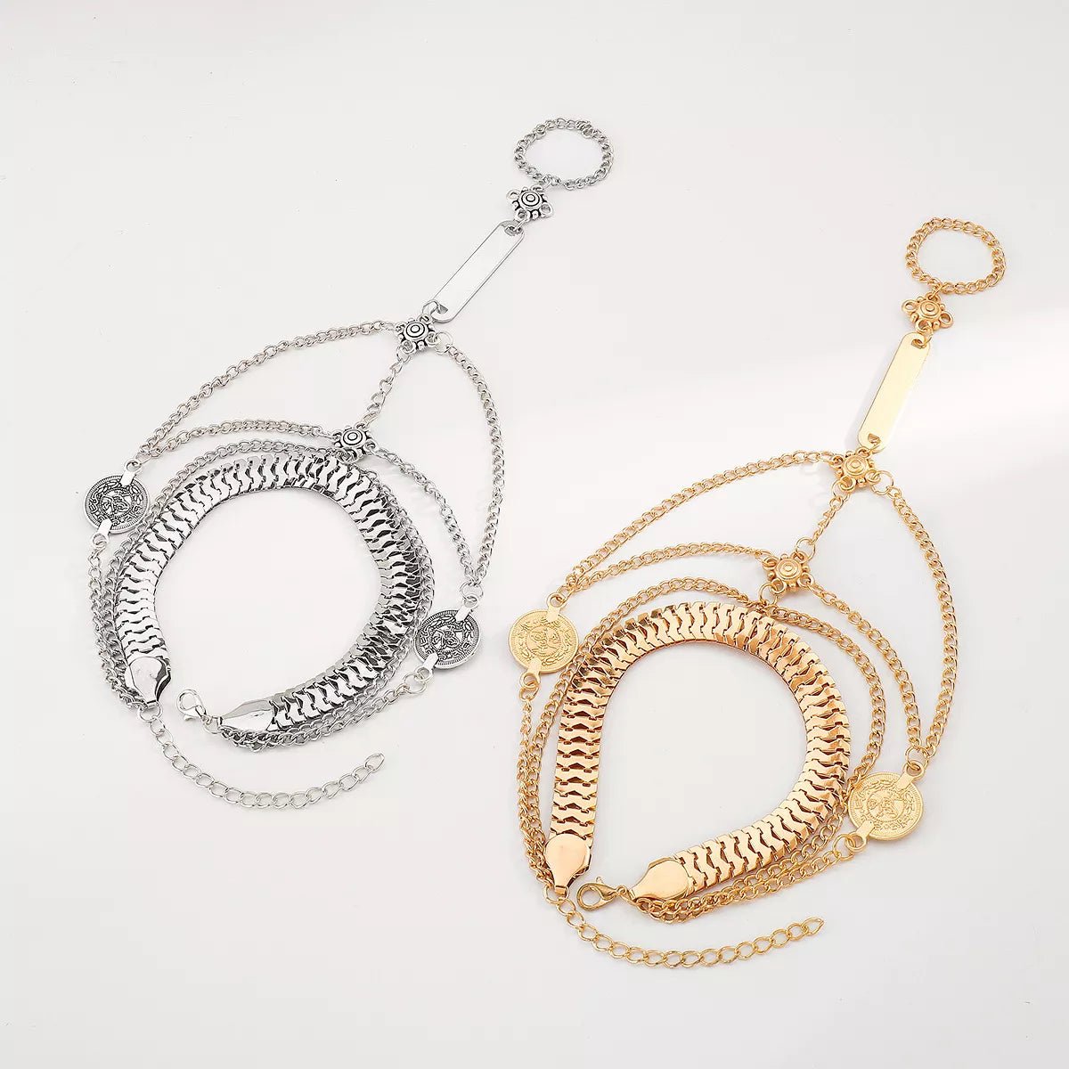 Multi Layered Chain Bracelet with Finger Ring - MAD RUFFI