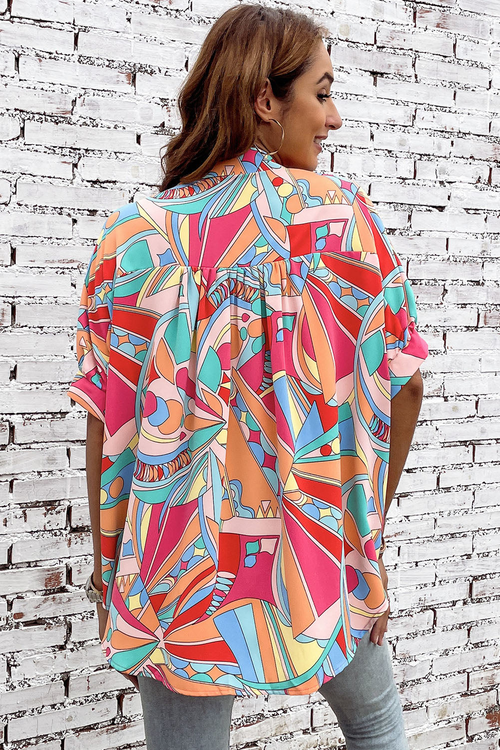 Multicolor Abstract Print Half Batwing Sleeve Loose Blouse - MAD RUFFI