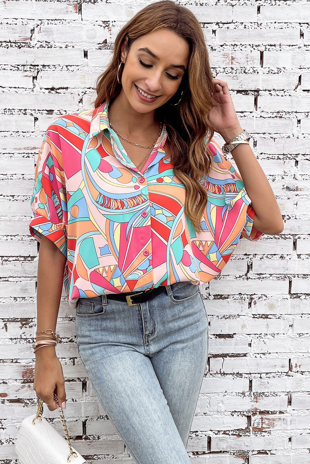 Multicolor Abstract Print Half Batwing Sleeve Loose Blouse - MAD RUFFI