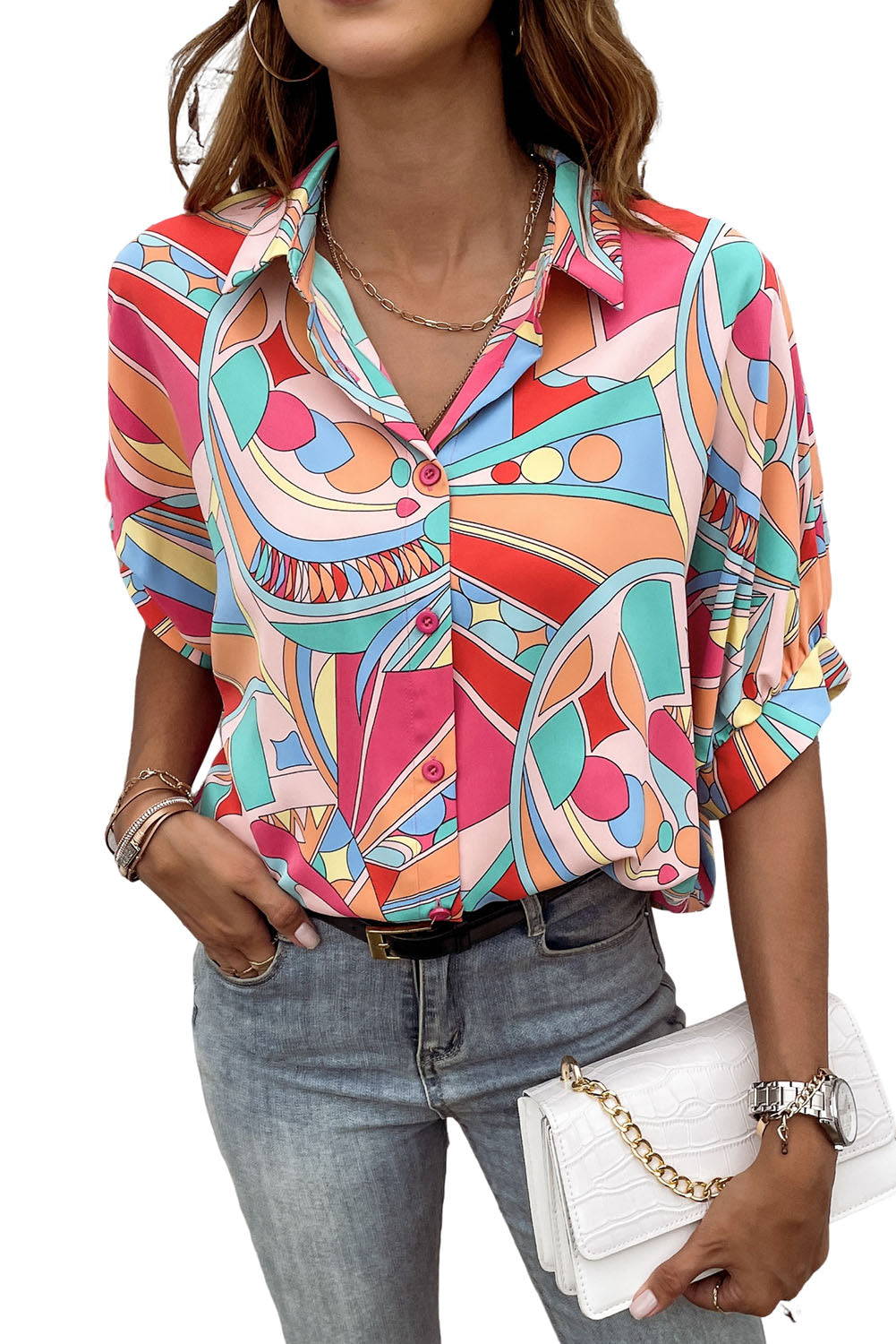 Multicolor Abstract Print Half Batwing Sleeve Loose Blouse - MAD RUFFI