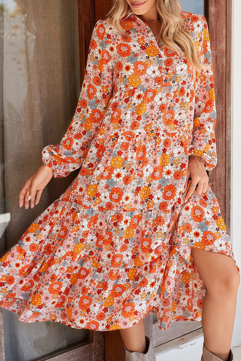 Multicolor Boho Floral Collared Long Sleeve Dress - MAD RUFFI