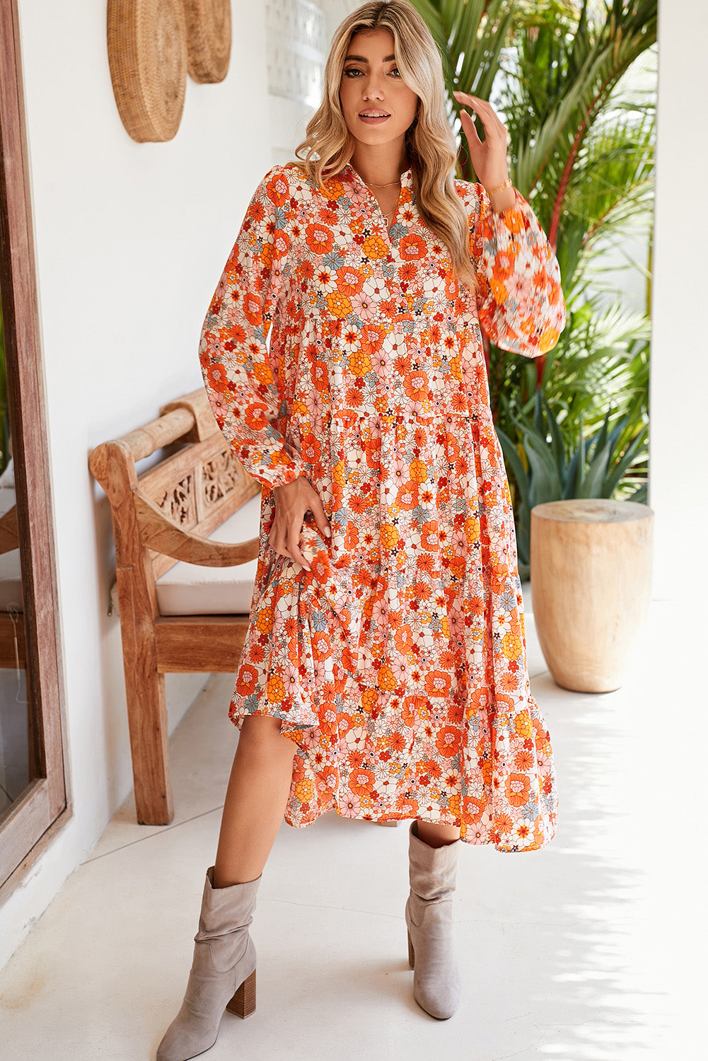 Multicolor Boho Floral Collared Long Sleeve Dress - MAD RUFFI