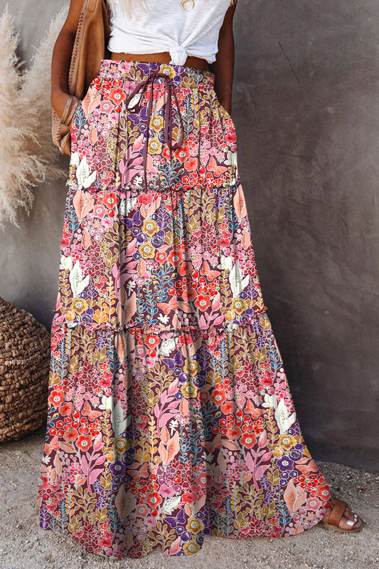 Multicolor Boho Floral Print High Waist Maxi Skirt - MAD RUFFI