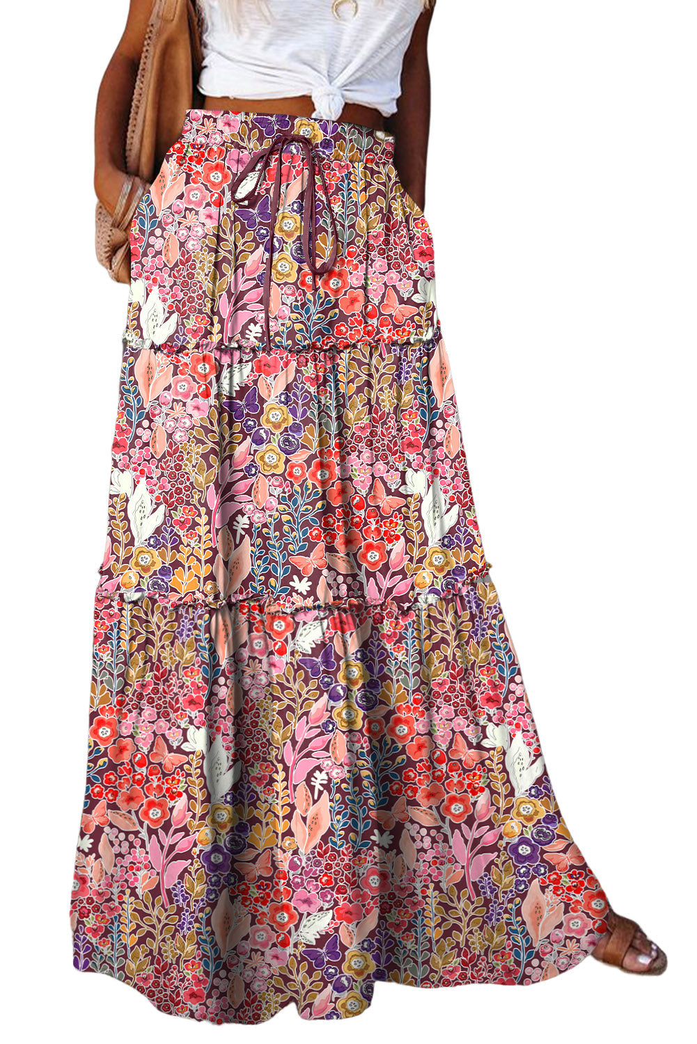 Multicolor Boho Floral Print High Waist Maxi Skirt - MAD RUFFI