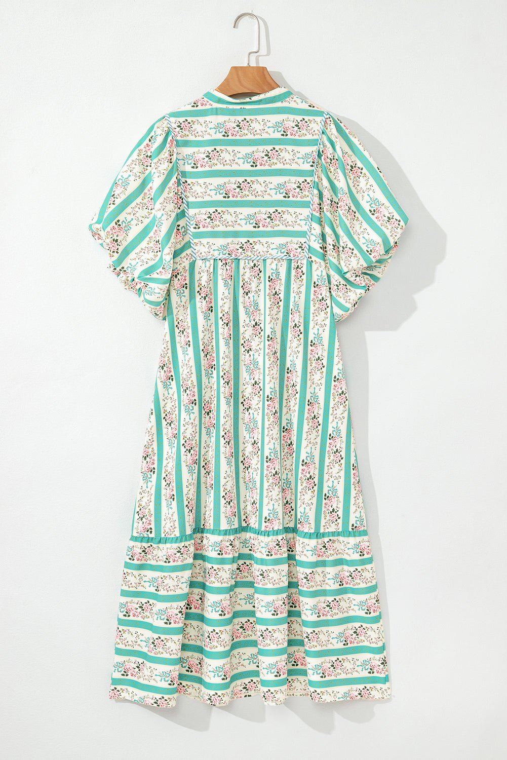 Multicolor Boho Floral Striped Tie V Neck Long Dress - MAD RUFFI