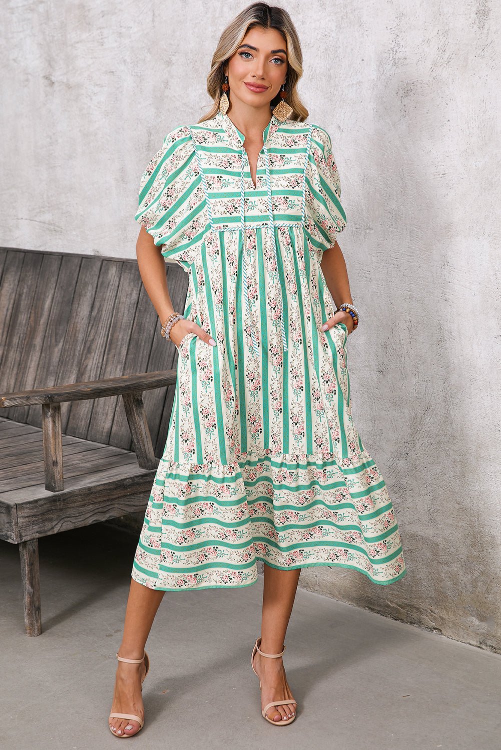 Multicolor Boho Floral Striped Tie V Neck Long Dress - MAD RUFFI