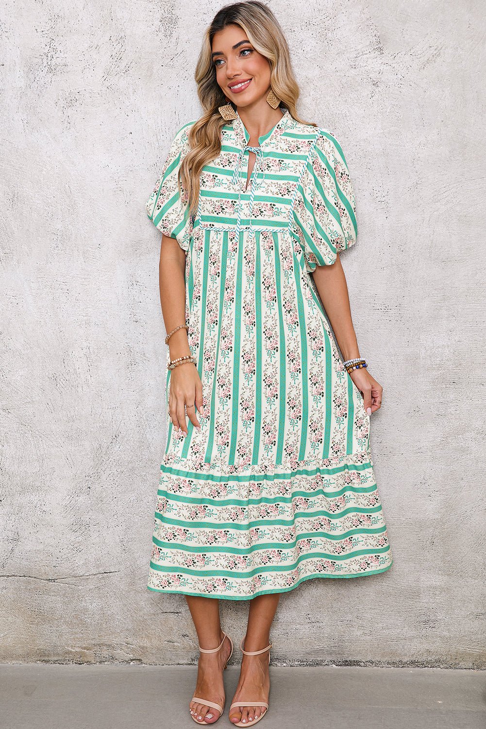 Multicolor Boho Floral Striped Tie V Neck Long Dress - MAD RUFFI