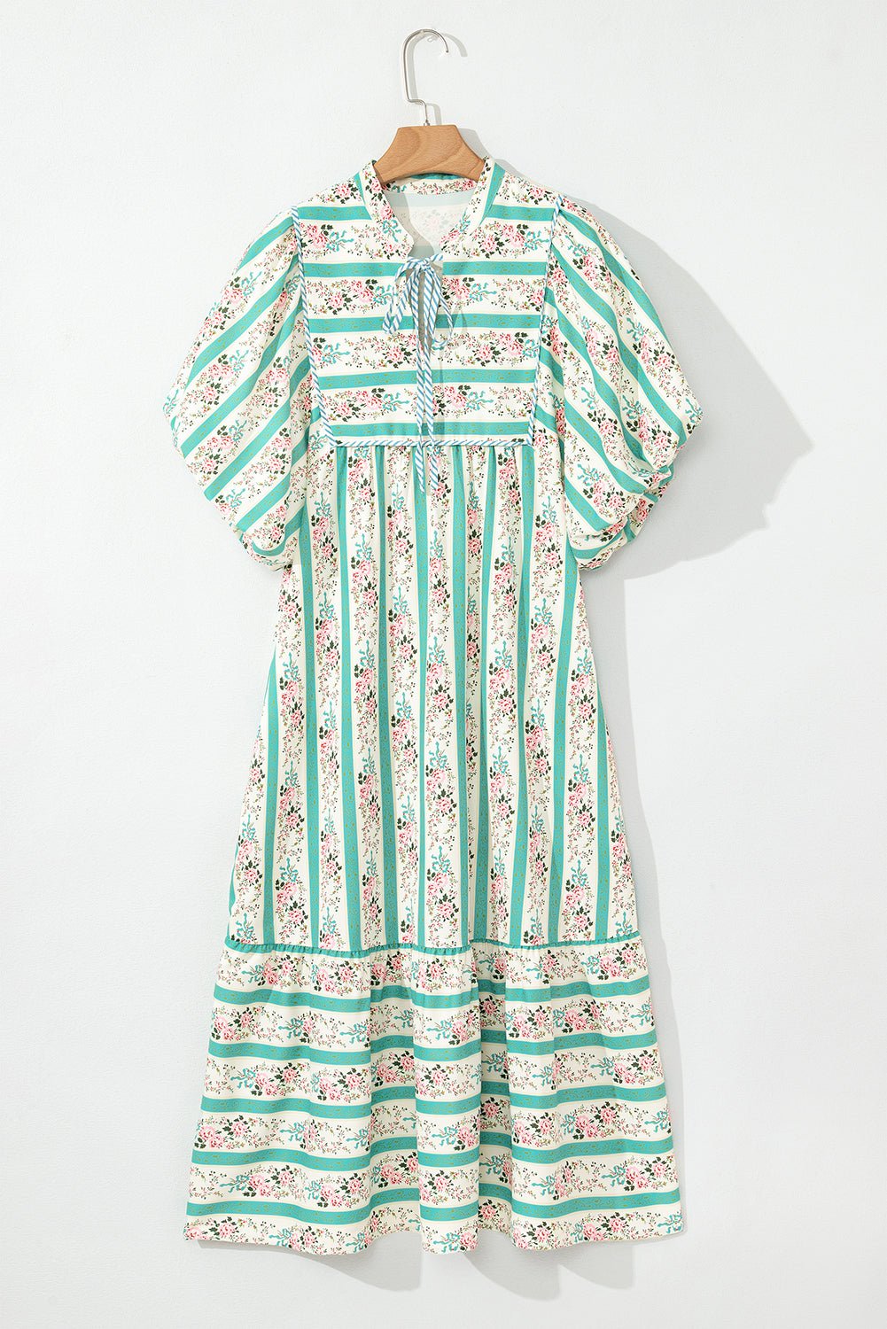 Multicolor Boho Floral Striped Tie V Neck Long Dress - MAD RUFFI