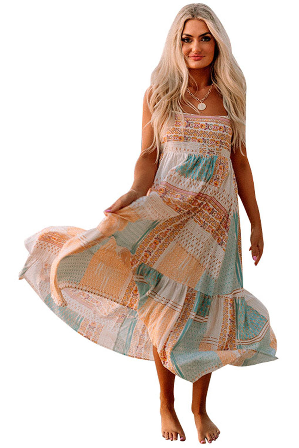 Multicolor Boho Patchwork Print Square Neck Sundress - MAD RUFFI