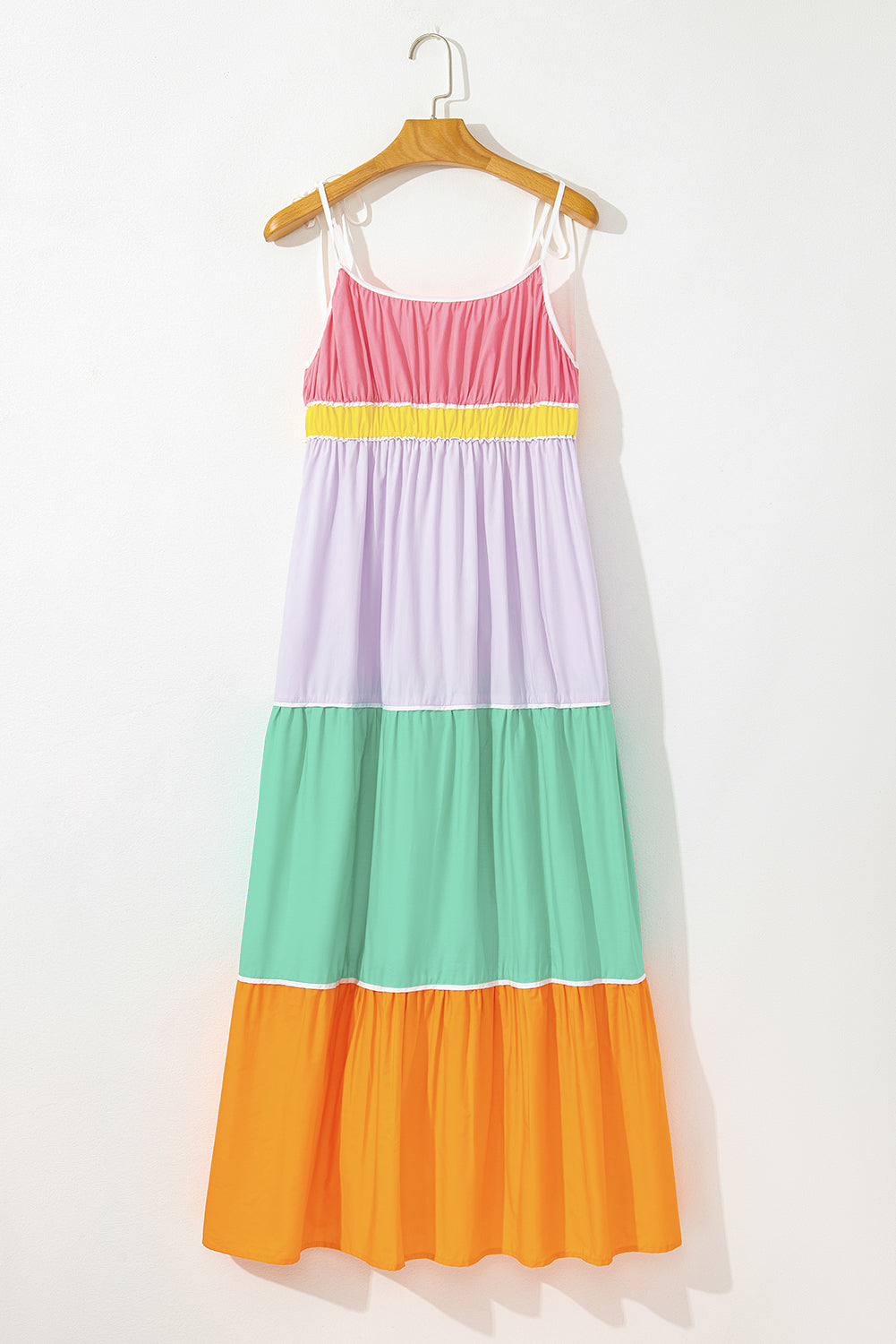 Multicolor Colorblock Self Tie Straps High Waist Flowy Maxi Dress with Pockets - Maxi Dresses