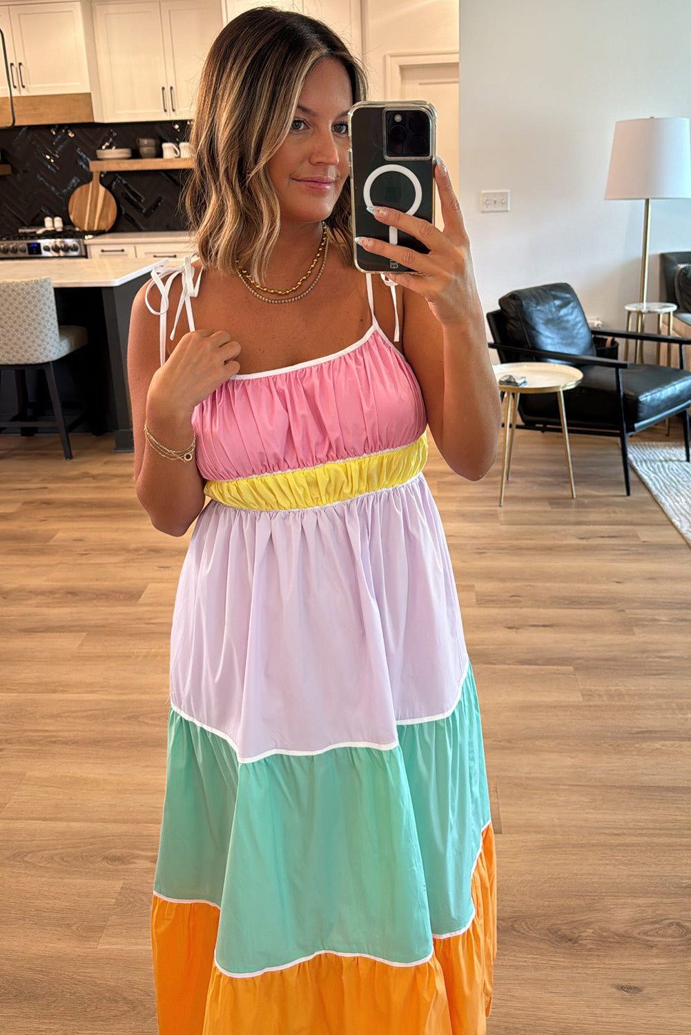 Multicolor Colorblock Self Tie Straps High Waist Flowy Maxi Dress with Pockets - Maxi Dresses