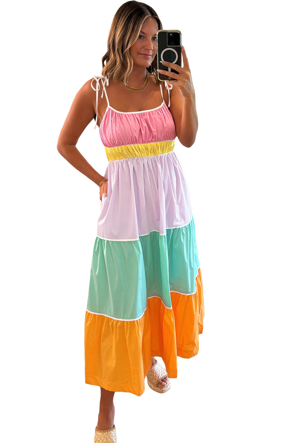 Multicolor Colorblock Self Tie Straps High Waist Flowy Maxi Dress with Pockets - Maxi Dresses