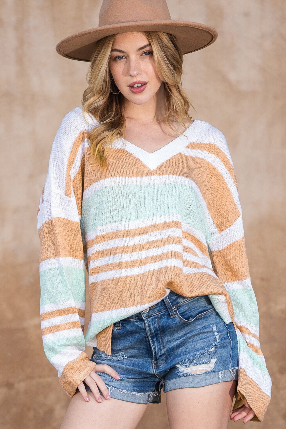 Multicolor Colorblock Stripe V Neck Split Sweater - MAD RUFFI