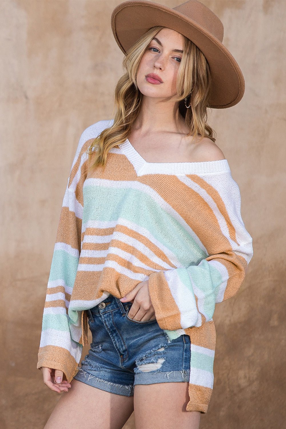 Multicolor Colorblock Stripe V Neck Split Sweater - MAD RUFFI