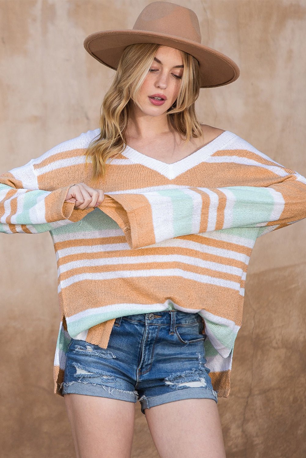 Multicolor Colorblock Stripe V Neck Split Sweater - MAD RUFFI