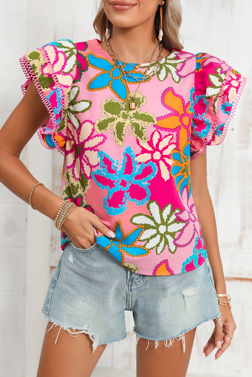 Multicolor Floral Print Boho Top Tiered Ruffle Sleeve Blouse - MAD RUFFI