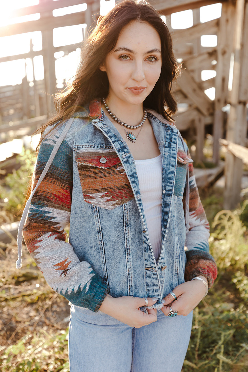 Multicolor Geometric Print Frayed Hem Denim Jacket - MAD RUFFI