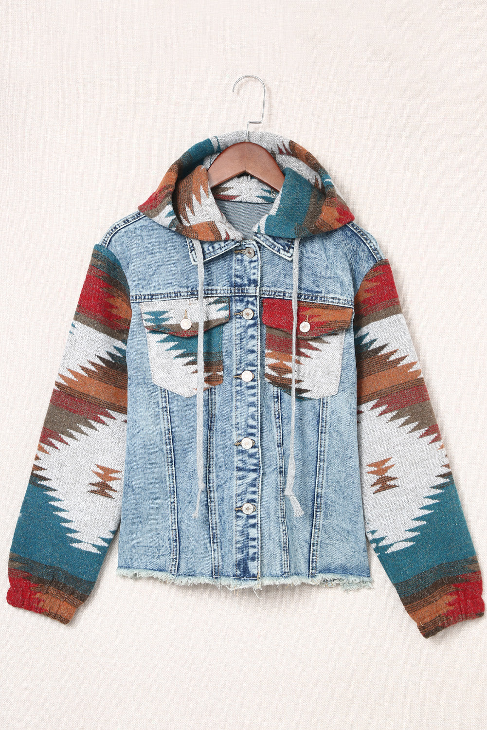 Multicolor Geometric Print Frayed Hem Denim Jacket - MAD RUFFI