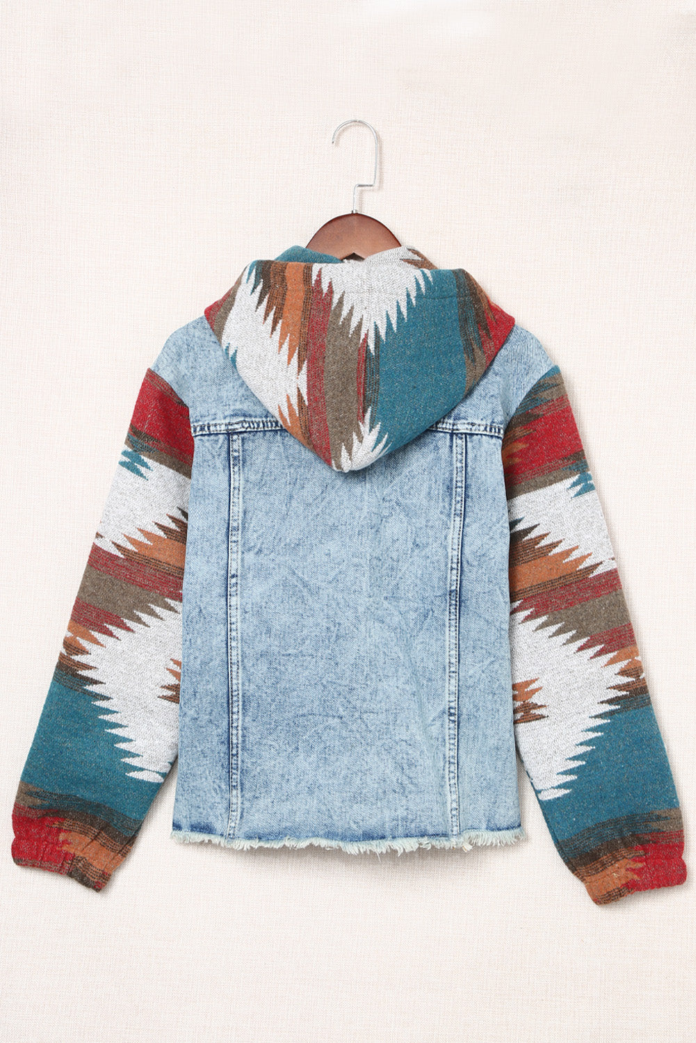 Multicolor Geometric Print Frayed Hem Denim Jacket - MAD RUFFI