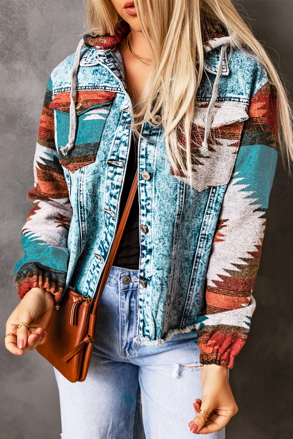 Multicolor Geometric Print Frayed Hem Denim Jacket - MAD RUFFI