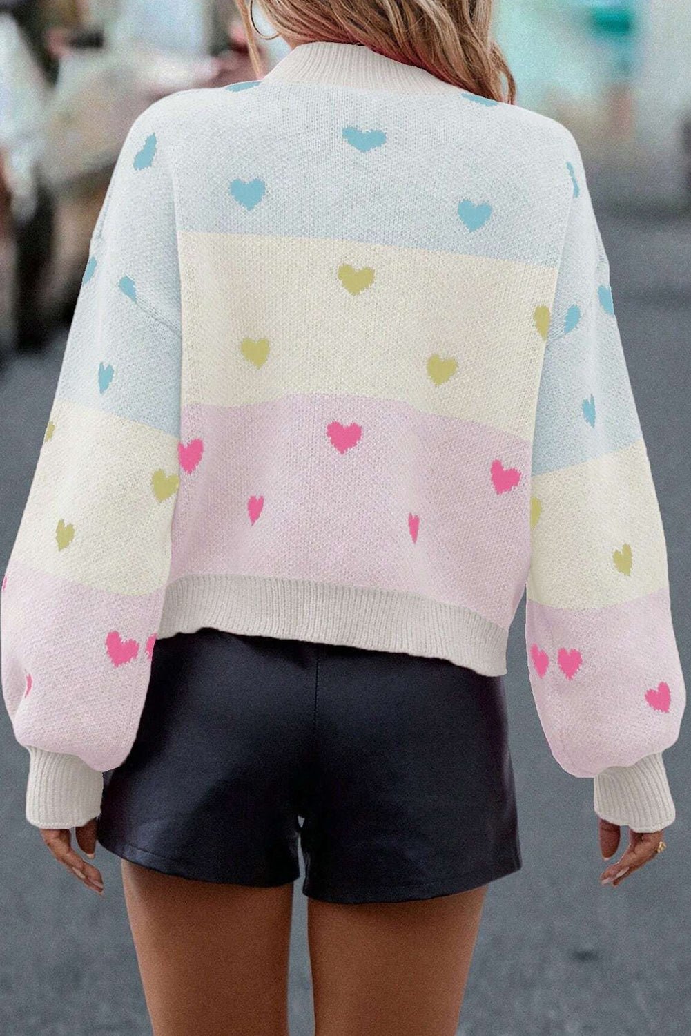 Multicolor Heart Pattern Colorblock High Neck Sweater - MAD RUFFI
