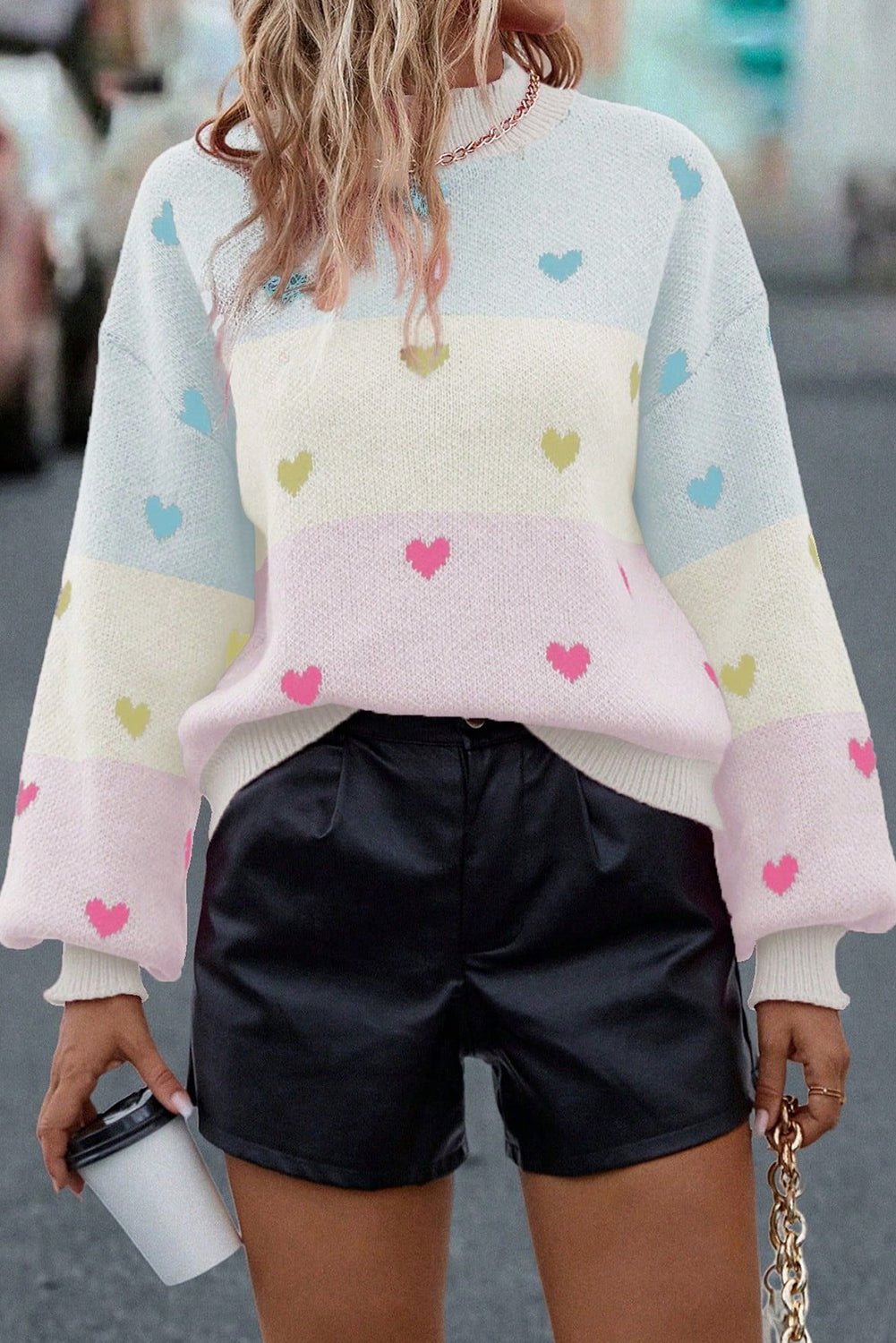Multicolor Heart Pattern Colorblock High Neck Sweater - MAD RUFFI