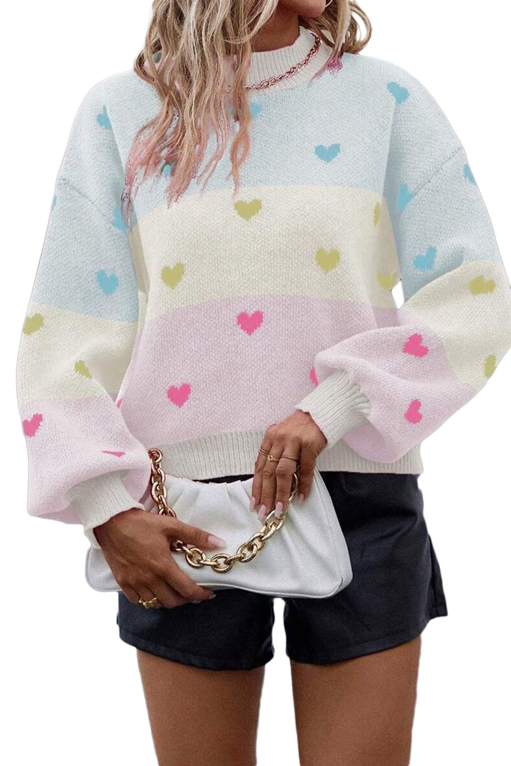 Multicolor Heart Pattern Colorblock High Neck Sweater - MAD RUFFI