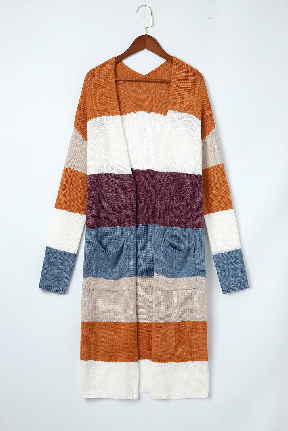 Multicolor Knitted Color Block Open Front Long Cardigan - MAD RUFFI