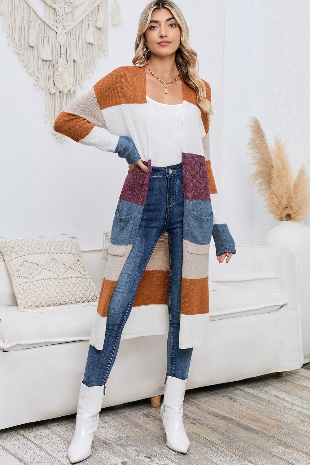 Multicolor Knitted Color Block Open Front Long Cardigan - MAD RUFFI