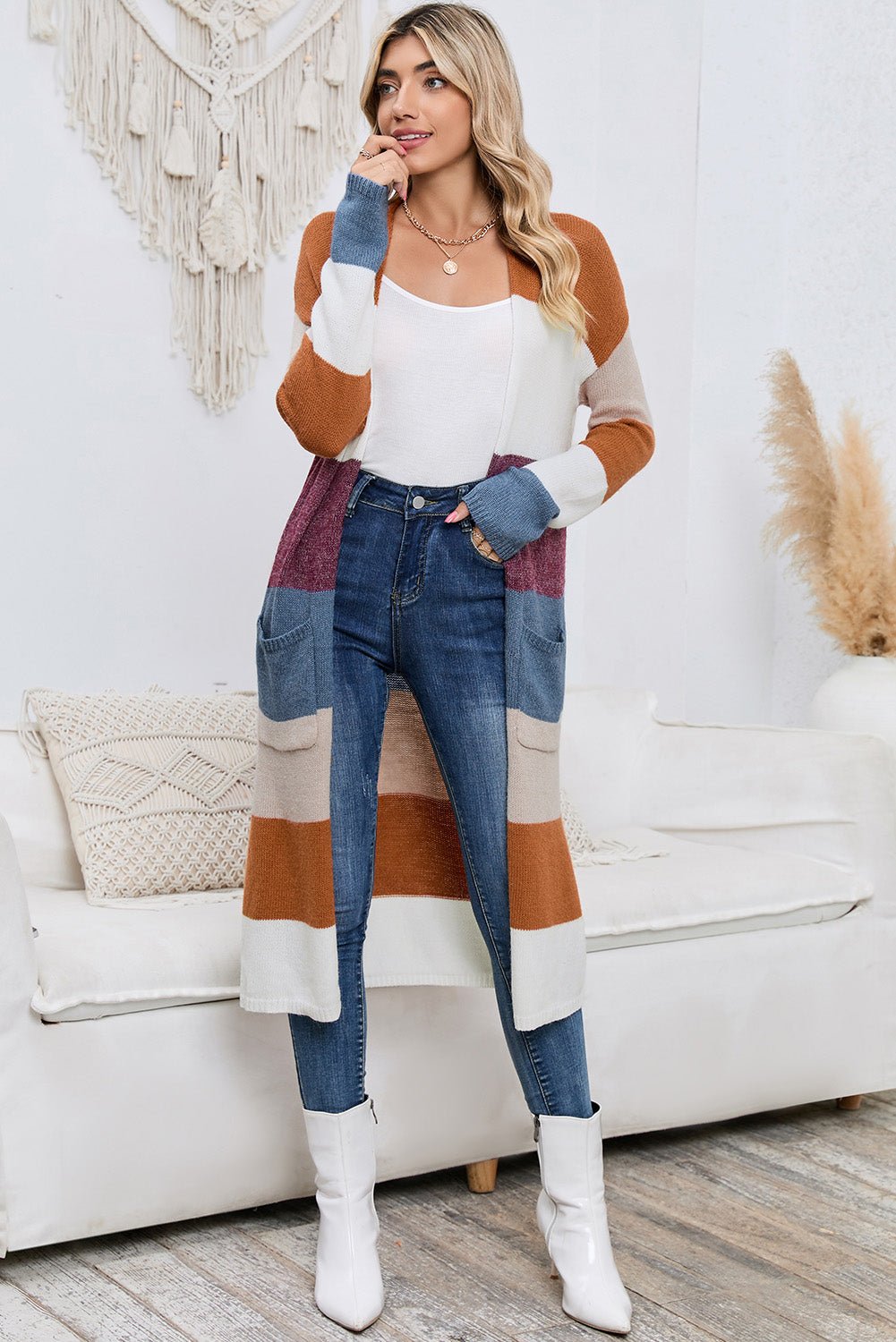 Multicolor Knitted Color Block Open Front Long Cardigan - MAD RUFFI