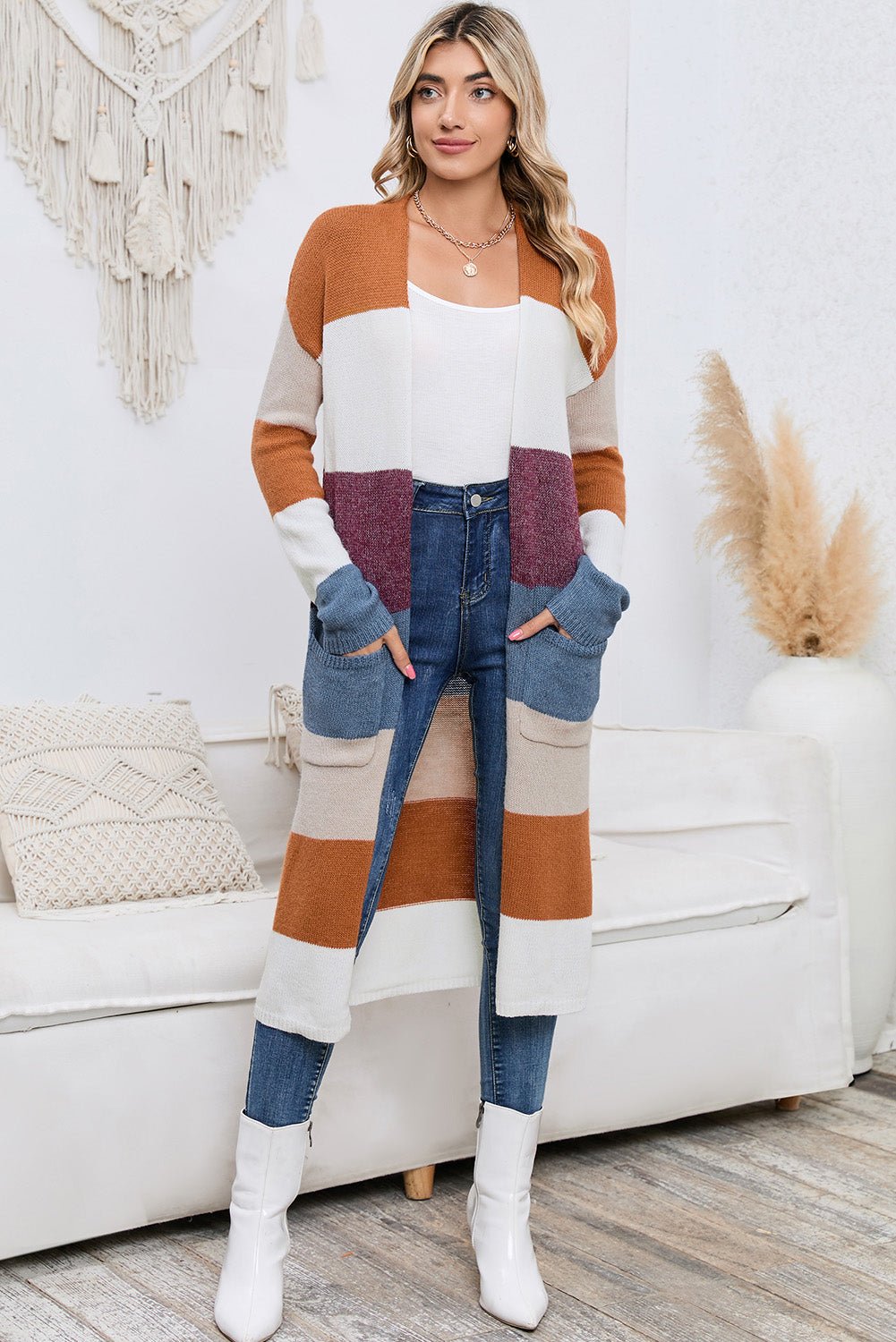 Multicolor Knitted Color Block Open Front Long Cardigan - MAD RUFFI