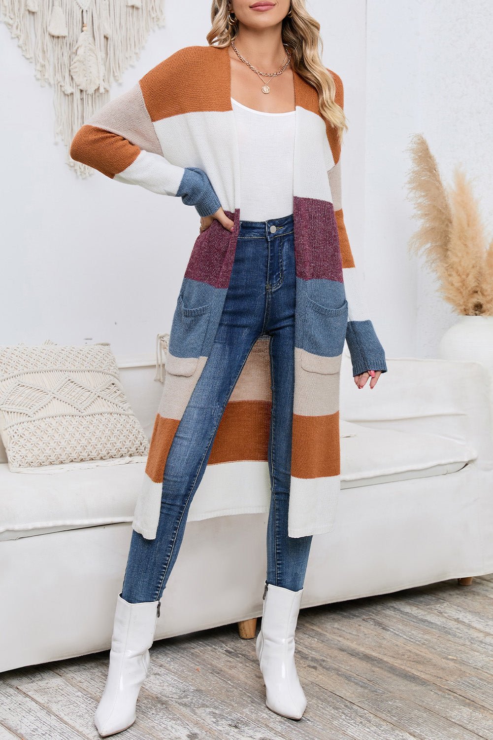 Multicolor Knitted Color Block Open Front Long Cardigan - MAD RUFFI