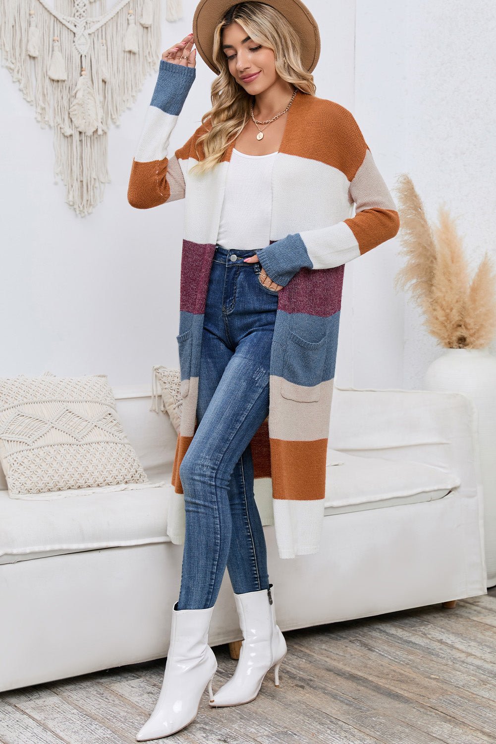 Multicolor Knitted Color Block Open Front Long Cardigan - MAD RUFFI