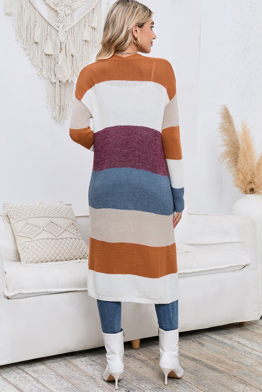 Multicolor Knitted Color Block Open Front Long Cardigan - MAD RUFFI