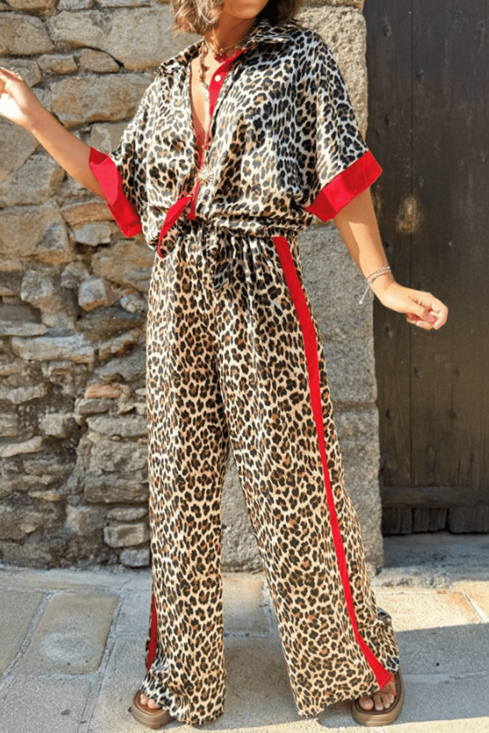 Multicolor Leopard Print Color Block Short Sleeve Shirt and Pants Set - MAD RUFFI