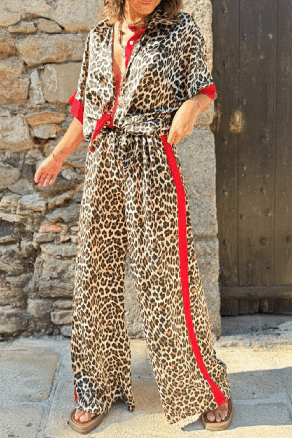 Multicolor Leopard Print Color Block Short Sleeve Shirt and Pants Set - MAD RUFFI