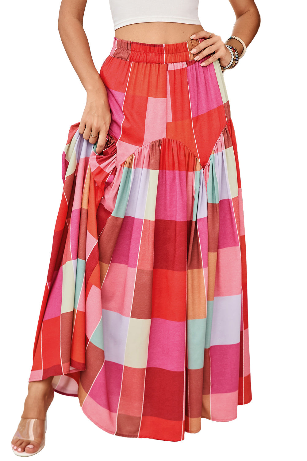 Multicolor Plaid Boho High Waist Maxi Skirt - MAD RUFFI