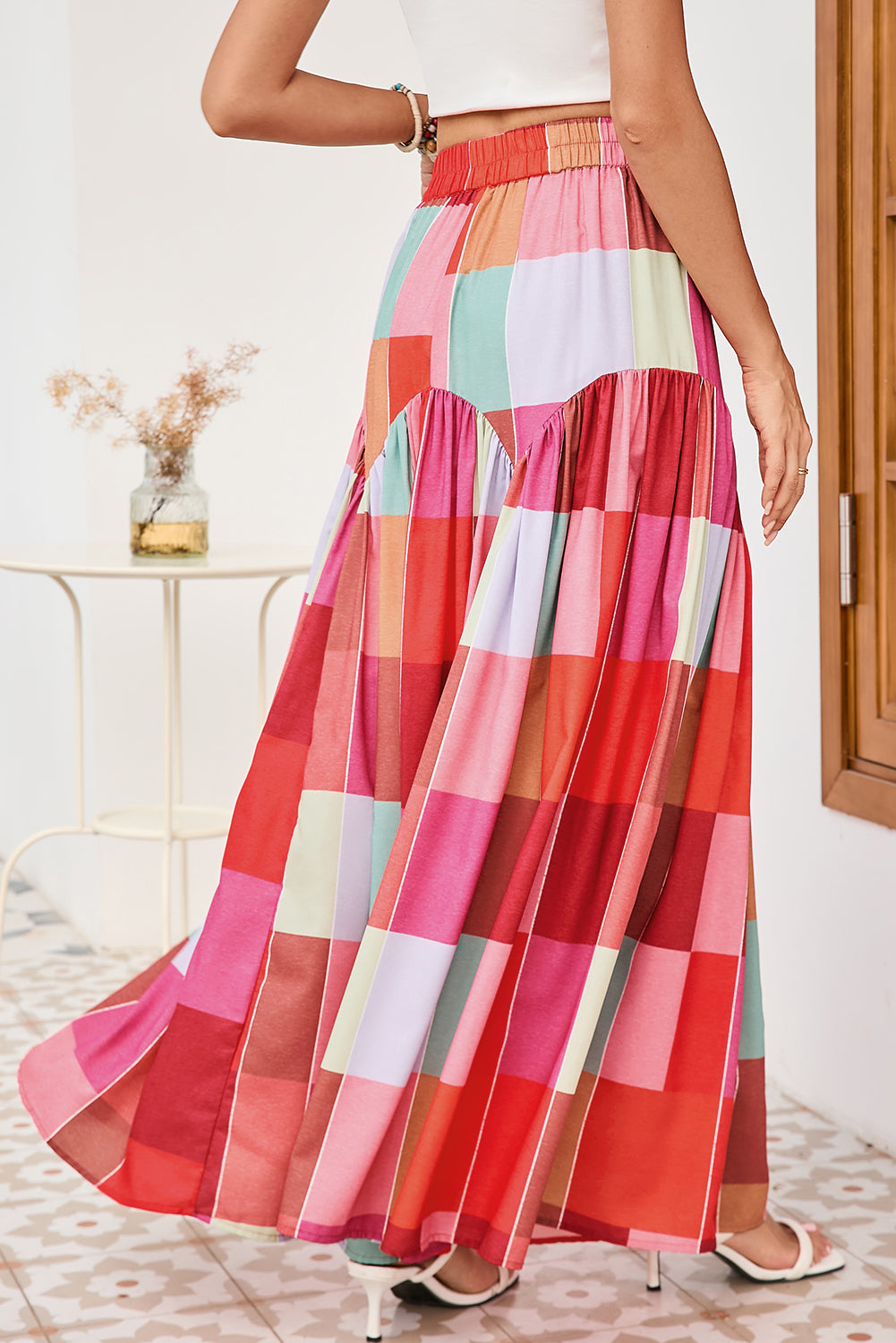 Multicolor Plaid Boho High Waist Maxi Skirt - MAD RUFFI