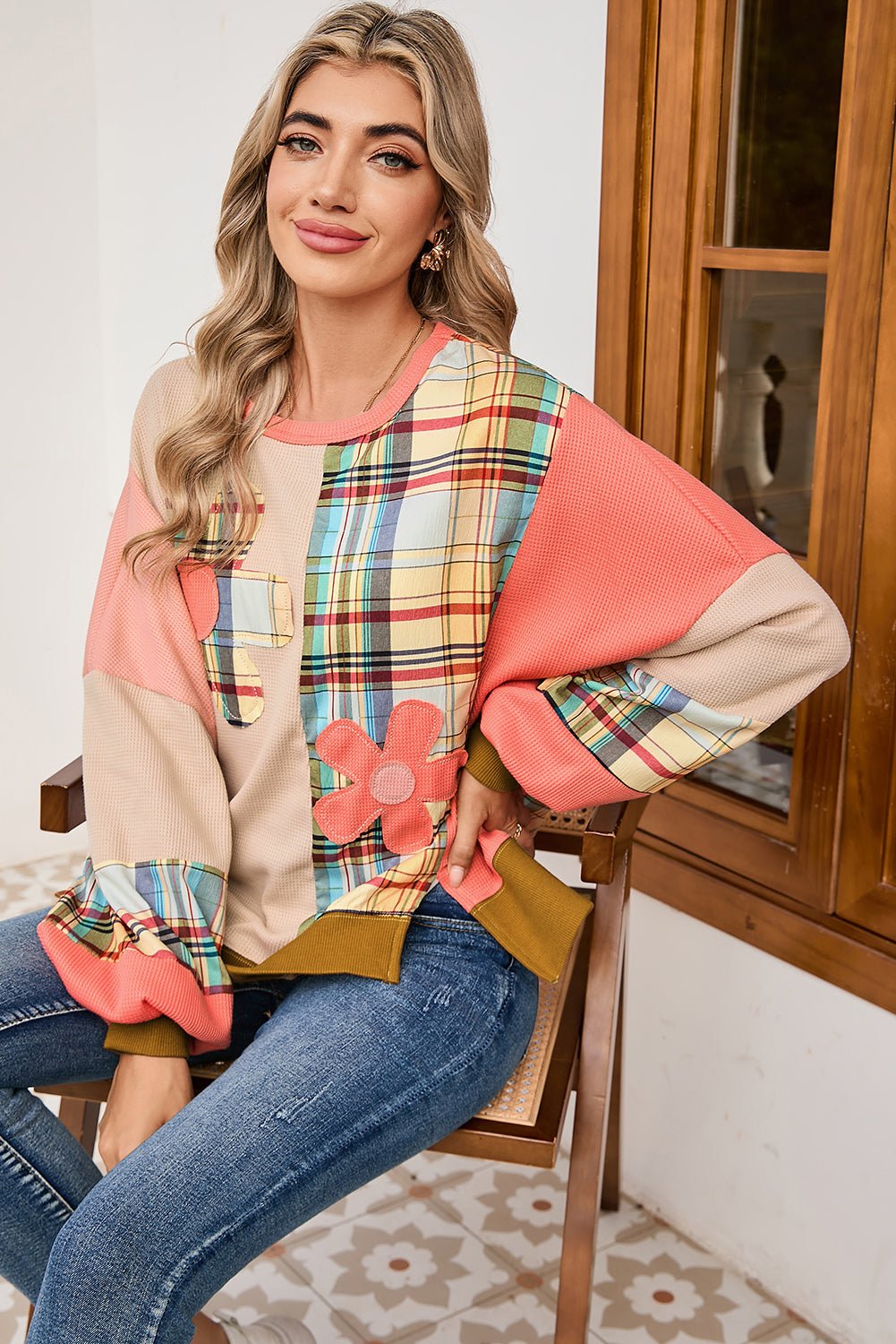 Multicolor Plaid Flower Patchwork Waffle Drop Shoulder Loose Top - MAD RUFFI