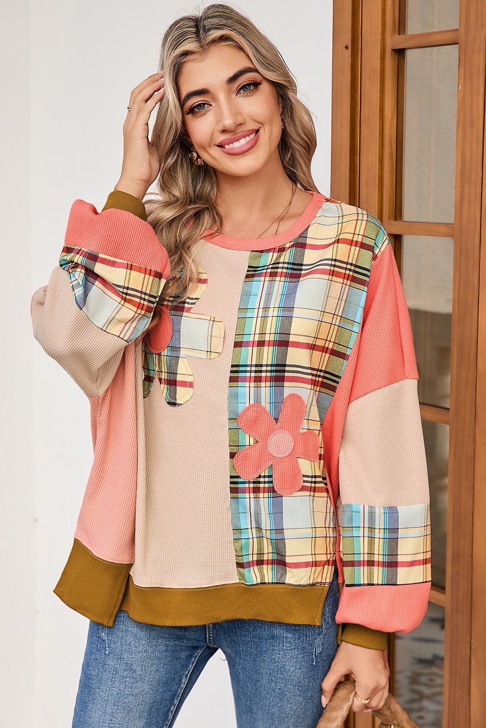Multicolor Plaid Flower Patchwork Waffle Drop Shoulder Loose Top - MAD RUFFI