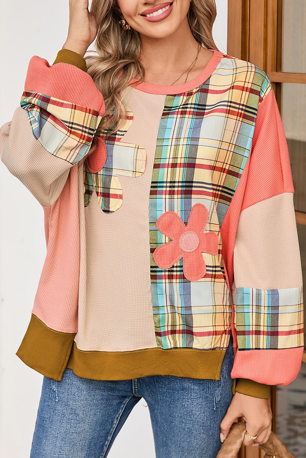 Multicolor Plaid Flower Patchwork Waffle Drop Shoulder Loose Top - MAD RUFFI