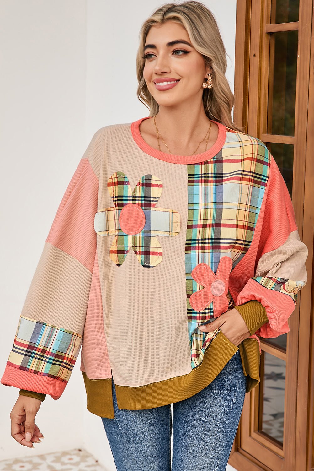 Multicolor Plaid Flower Patchwork Waffle Drop Shoulder Loose Top - MAD RUFFI
