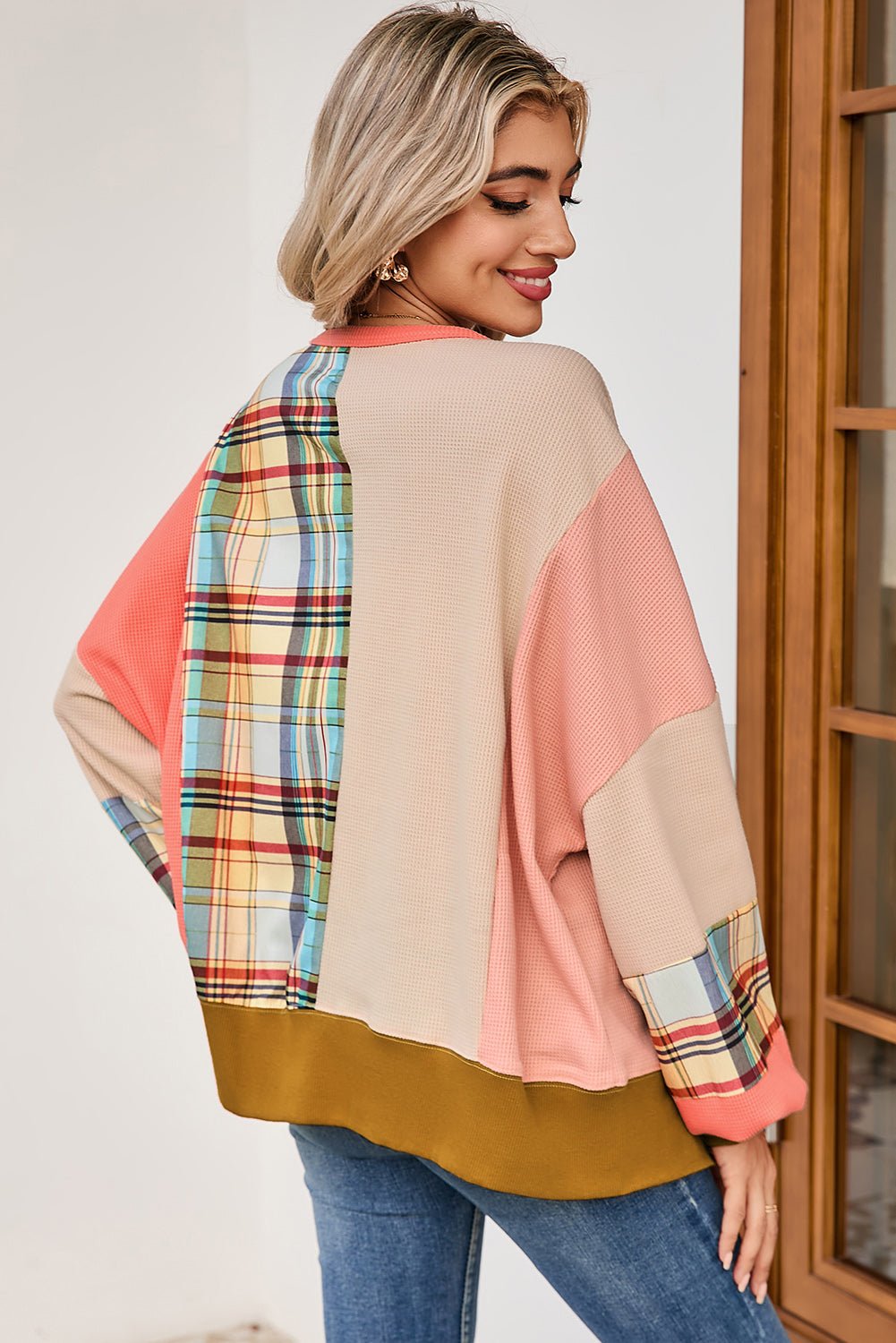 Multicolor Plaid Flower Patchwork Waffle Drop Shoulder Loose Top - MAD RUFFI