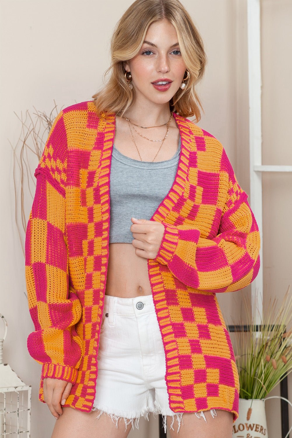 Multicolor Plaid Open Front Knitted Cardigan - MAD RUFFI