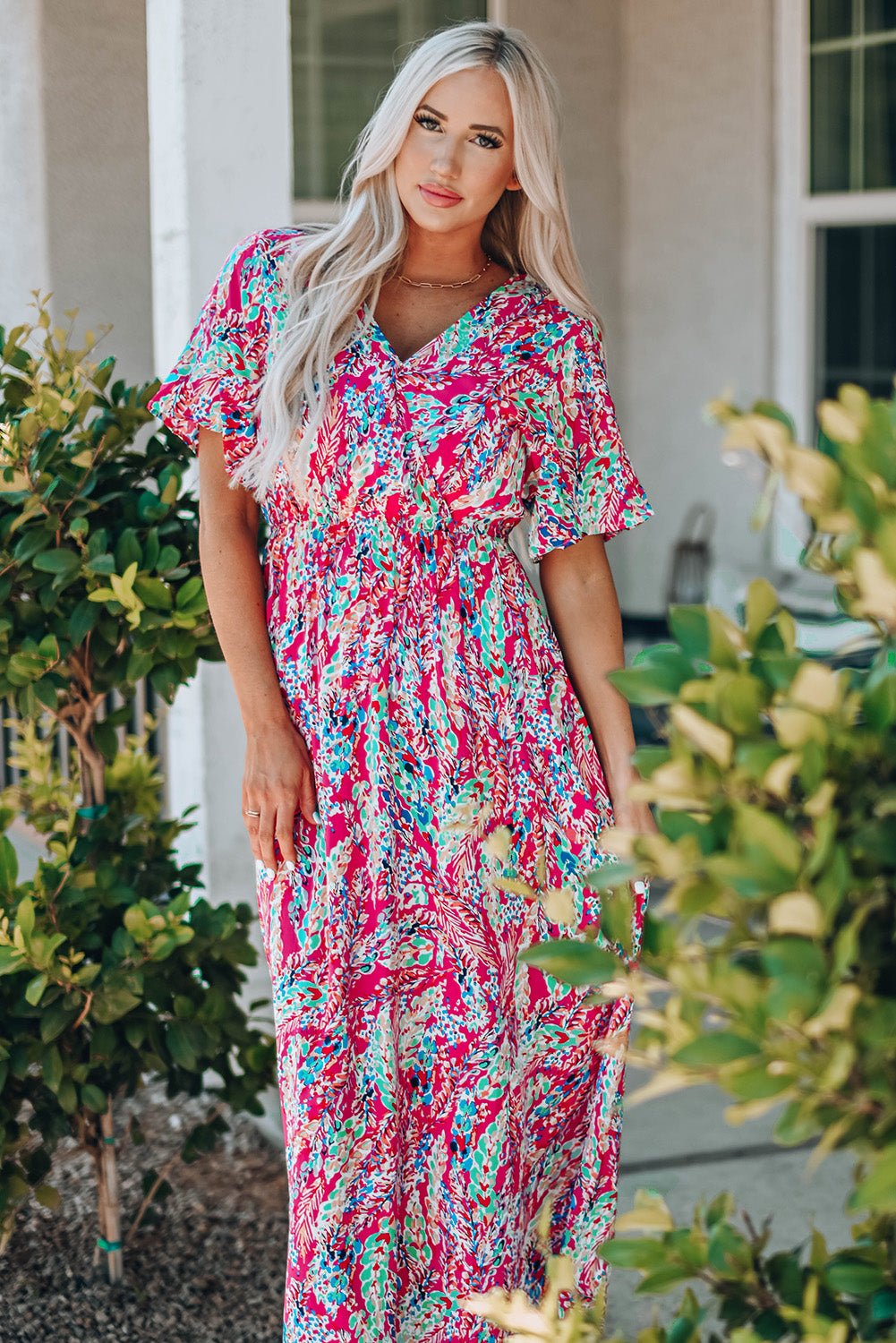 Multicolored V - Neck Maxi Dress - MAD RUFFI