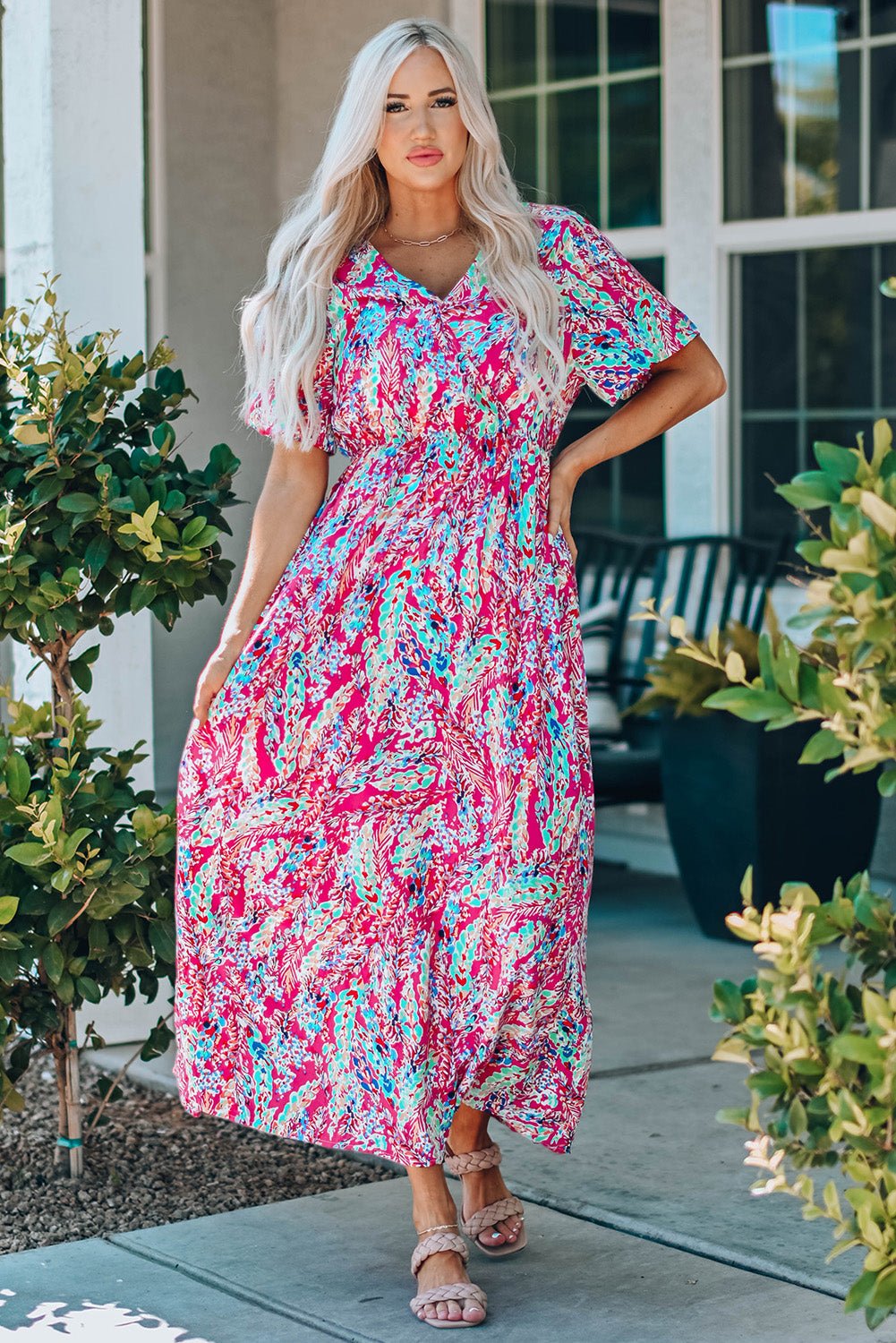 Multicolored V - Neck Maxi Dress - MAD RUFFI